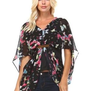 Black Short Sleeve Butterfly Printed Loose Blouse