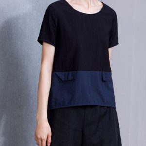 Black Short Sleeve Color-block H-line Crew Neck T-Shirt