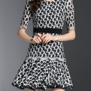 Black Short Sleeve Guipure Lace Floral Mini Dress