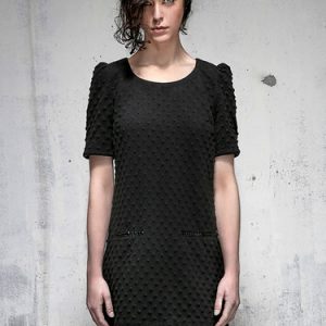 Black Short Sleeve H-line Embossed Crew Neck Mini Dress