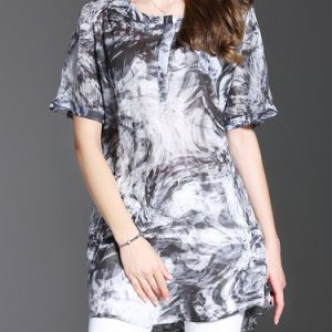 Black Short Sleeve Linen Abstract Printed Tunic