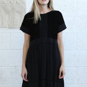 Black Short Sleeve Paneled Velvet Midi Dress