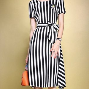 Black Short Sleeve Printed Crew Neck Stripes Midi Dress