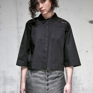 Black Shoulder Detailed Shirt Collar H-line Blouse