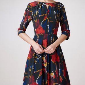 Black Silk Casual Abstract Keyhole Midi Dress