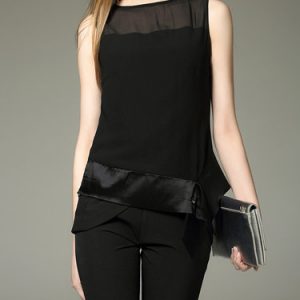 Black Silk Plain Casual Paneled Tank