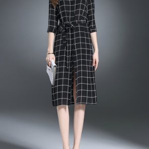 Black Silk Printed 3/4 Sleeve Checkered/Plaid Midi Dress