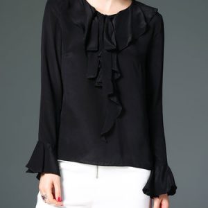 Black Silk Ruffled Bell Sleeve Solid Long Sleeved Top