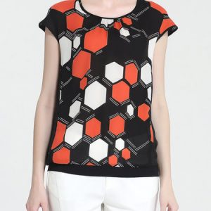 Black Silk Short Sleeve Crew Neck Geometric Blouse