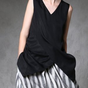 Black Silk V Neck Asymmetric Sleeveless Tunic