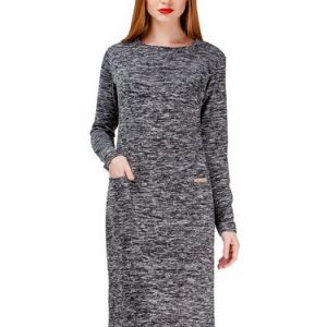 Black Simple Cotton-blend Long Sleeve Pockets Midi Dress