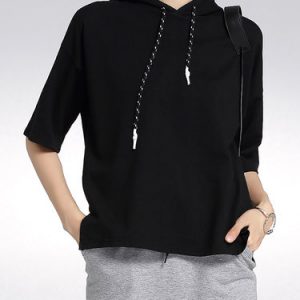 Black Simple Plain Cotton-blend Hoodie