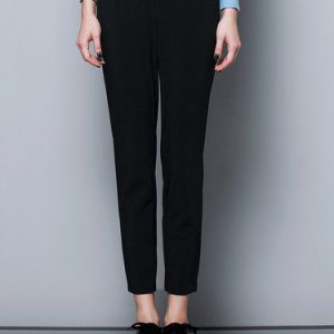 Black Simple Solid Pockets Straight Leg Pants