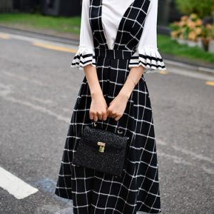 Black Sleeveless A-line Folds Checkered/Plaid Midi Dress