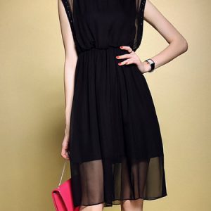 Black Sleeveless Plain Shirred Crew Neck Midi Dress