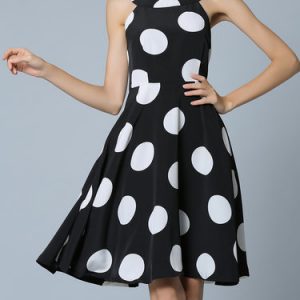 Black Sleeveless Polka Dots Printed Midi Dress