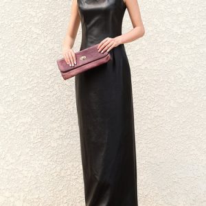 Black Sleeveless Sheath Crew Neck PU Evening Dress