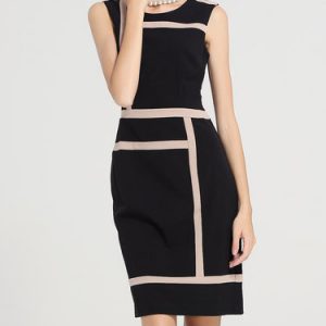 Black Sleeveless Sheath Paneled Crew Neck Midi Dress