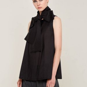 Black Sleeveless Silk A-line Blouse with Bow