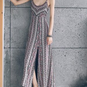 Black Slit A-line Polyester Spaghetti Maxi Dress