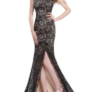 Black Slit Sleeveless Mermaid Lace Evening Dress