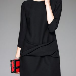 Black Solid 3/4 Sleeve Crew Neck Mini Dress