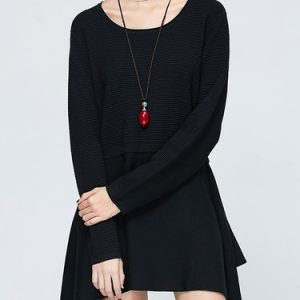 Black Solid Asymmetrical Knitted Long Sleeve Tunic