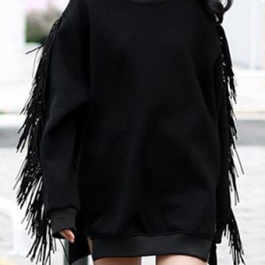 Black Solid H-line Fringed Casual Sweatshirt