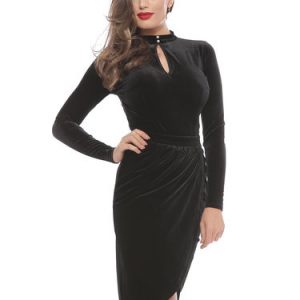 Black Solid Keyhole Long Sleeve Gathered Velvet Midi Dress