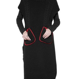 Black Solid Knitted Short Sleeve H-line Sweater Dress