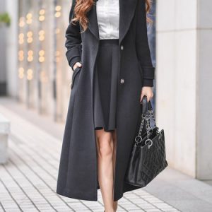 Black Solid Lapel Elegant A-line Coat With Belt