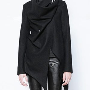 Black Solid Long Sleeve Asymmetric Wool-blend Coat