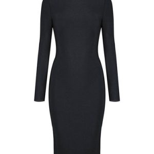 Black Solid Sexy Zipper Crew Neck Midi Dress