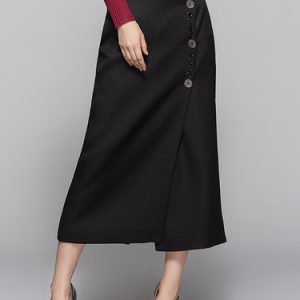 Black Solid Simple Buttoned Midi Skirt