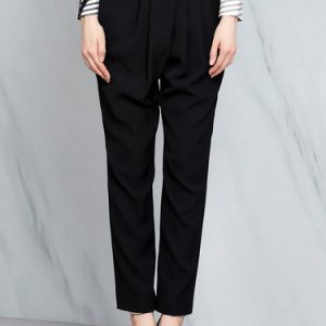 Black Solid Simple Folds Straight Leg Pants