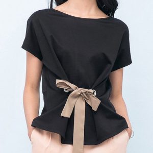 Black Spandex Bow Floral Work Blouse