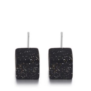 Black Square 925 Sterling Silver Glitter Cube Earrings