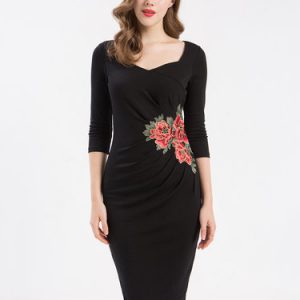 Black Square Neck 3/4 Sleeve Floral Embroidered Midi Dress