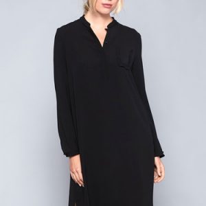 Black Stand Collar Basic Long Sleeve Midi Dress