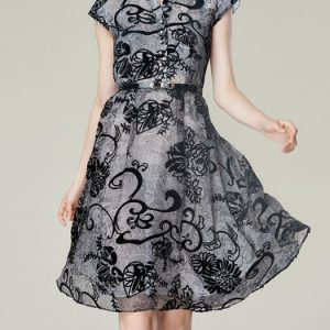 Black Stand Collar Embroidered Short Sleeve A-line Midi Dress With Belt