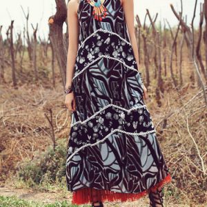 Black Stand Collar Sleeveless Abstract Shift Maxi Dress