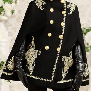 Black Stand Collar Wool Blend Embroidered Elegant Poncho And Cape