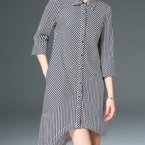 Black Stripes Asymmetric Casual Cotton Shirt Dress