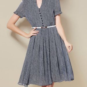 Black Stripes Casual V Neck Chiffon Midi Dress