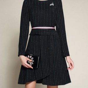 Black Stripes Crew Neck Long Sleeve Midi Dress