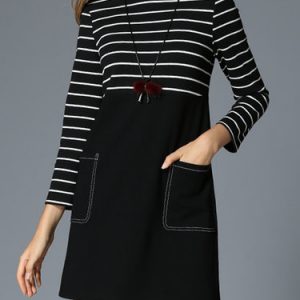 Black Stripes Knitted A-line Pockets Casual Mini Dress