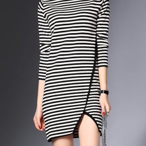 Black Stripes Knitted Casual Sheath Sweater Dress