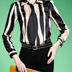 Black Stripes Long Sleeve Shirt Collar Blouse