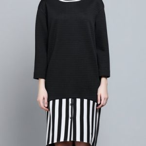 Black Stripes Paneled Casual Crew Neck Midi Dress