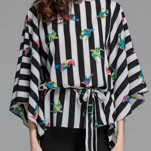 Black Strips 3/4 Batwing Bird Pattern Chiffon Blouse